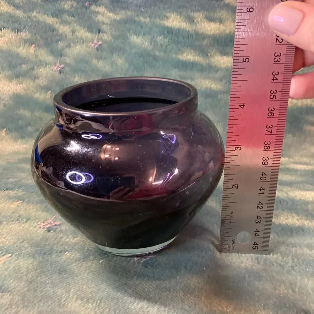 Vintage Mid-Century Amethyst Heavy Art Glass Vase w/Clear Base Potbelly Shape